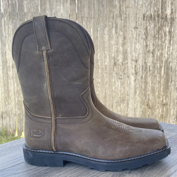 Justin Western Boots Men 8D Brown Leather Water Buffalo Safety EH SR MJ1015 NEW - Picture 3 of 13